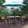 Lark 7 Piece Outdoor Patio Dining Table Set with 4 Synthetic Teak Stackable Chairs, 30" x 48" Table, Teal Umbrella & Base