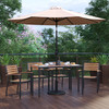 Lark 7 Piece Outdoor Patio Dining Table Set with 4 Synthetic Teak Stackable Chairs, 30" x 48" Table, Tan Umbrella & Base