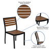Lark 7 Piece All-Weather Deck or Patio Set with 4 Stacking Faux Teak Chairs, 30" x 48" Faux Teak Table, Gray Umbrella & Base