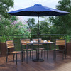 Lark 7 Piece All-Weather Deck or Patio Set with 4 Stacking Faux Teak Chairs, 30" x 48" Faux Teak Table, Navy Umbrella & Base
