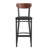 Wright Commercial Barstool with 500 LB. Capacity Black Steel Frame, Walnut Finish Wooden Boomerang Back, and Black Vinyl Seat