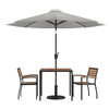 Lark 5 Piece Outdoor Patio Table Set with 2 Synthetic Teak Stackable Chairs, 35" Square Table, Gray Umbrella & Base