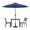 Lark 5 Piece All-Weather Deck or Patio Set with 2 Stacking Faux Teak Chairs, 35" Square Faux Teak Table, Navy Umbrella & Base