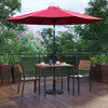 Lark 5 Piece All-Weather Deck or Patio Set with 2 Stacking Faux Teak Chairs, 35" Square Faux Teak Table, Red Umbrella & Base