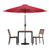 Lark 5 Piece All-Weather Deck or Patio Set with 2 Stacking Faux Teak Chairs, 35" Square Faux Teak Table, Red Umbrella & Base