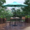 Lark 5 Piece All-Weather Deck or Patio Set with 2 Stacking Faux Teak Chairs, 35" Square Faux Teak Table, Teal Umbrella & Base