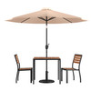 Lark 5 Piece All-Weather Deck or Patio Set with 2 Stacking Faux Teak Chairs, 35" Square Faux Teak Table, Tan Umbrella & Base