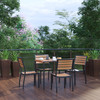 Lark 5 Piece Patio Table Set - Synthetic Teak Poly Slats - 35" Square Steel Framed Table with 4 Stackable Faux Teak Chairs