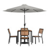 Lark 7 Piece All-Weather Deck or Patio Set with 4 Stacking Faux Teak Chairs, 35" Square Faux Teak Table, Gray Umbrella & Base