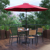 Lark 7 Piece All-Weather Deck or Patio Set with 4 Stacking Faux Teak Chairs, 35" Square Faux Teak Table, Red Umbrella & Base