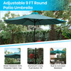 Lark 7 Piece All-Weather Deck or Patio Set with 4 Stacking Faux Teak Chairs, 35" Square Faux Teak Table, Teal Umbrella & Base