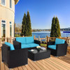 4PC Rattan Patio Furniture Set Outdoor Wicker With Blue Cushion-Blue