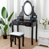 Wooden Vanity Set with 360° Rotating Oval Mirror and Cushioned Stool-Black