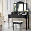 Makeup Dressing Table with Tri-Folding Mirror and Cushioned Stool for Women-Black