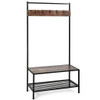 3 in 1 Industrial Coat Rack with 2-tier Storage Bench and 5 Hooks-Brown