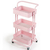 3-Tier Metal Rolling Storage Cart Trolley 2 Brakes with Handle-Pink