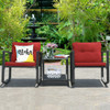 3 Pcs Wicker Rocking Bistro Set with Glass Coffee Table and Storage Shelf-Red