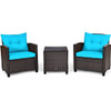 3 Pcs Patio Rattan Furniture Set Cushioned Conversation Set Coffee Table-Turquoise