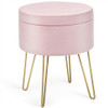 Round Velvet Storage Ottoman Footrest Stool Vanity Chair with Metal Legs-Pink