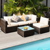 5 Pieces Cushioned Patio Rattan Furniture Set with Glass Table-White