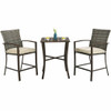 3 Pieces Rattan Bar Furniture Set with Slat Table and 2 Cushioned Stools-Brown