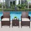 3 Pieces Patio Rattan Furniture Set Cushioned Sofa and Glass Tabletop Deck-White