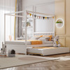 Full Size Canopy Bed with Trundle Wooden Platform Bed Frame Headboard-White