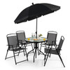 6 Pieces Patio Dining Set Folding Chairs Glass Table Tilt Umbrella for Garden-Black