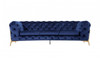 Contemporary 97" Blue Velvet And Gold Accent Sofa