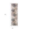 8' Tan Gray And Black Floral Medallion Stain Resistant Runner Rug