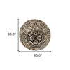 5' Round Tan Gray And Black Round Floral Medallion Stain Resistant Area Rug