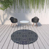 8' Navy Round Geometric Stain Resistant Indoor Outdoor Area Rug