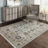 10' X 13' Blue Beige Grey Green Yellow And Rust Oriental Power Loom Stain Resistant Area Rug With Fringe