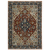 8' X 11' Blue Beige Tan Brown Gold And Rust Red Oriental Power Loom Stain Resistant Area Rug With Fringe