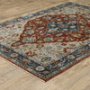 8' X 11' Blue Beige Tan Brown Gold And Rust Red Oriental Power Loom Stain Resistant Area Rug With Fringe