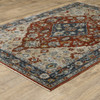 10' X 13' Blue Beige Tan Brown Gold And Rust Red Oriental Power Loom Stain Resistant Area Rug With Fringe