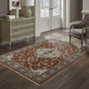 3' X 5' Red Ivory Blue Navy Gold And Grey Oriental Power Loom Stain Resistant Area Rug With Fringe