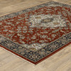 3' X 5' Red Ivory Blue Navy Gold And Grey Oriental Power Loom Stain Resistant Area Rug With Fringe