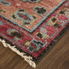 8' X 10' Red Orange And Blue Wool Floral Hand Knotted Distressed Stain Resistant Area Rug With Fringe