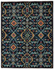 8' X 10' Blue Yellow And Red Wool Floral Hand Knotted Distressed Stain Resistant Area Rug With Fringe