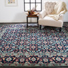 9' X 12' Blue Green And Red Wool Floral Hand Knotted Distressed Stain Resistant Area Rug With Fringe