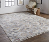 9' X 12' Taupe Gray And Blue Geometric Hand Woven Stain Resistant Area Rug With Fringe