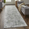 10' Green Gray And Ivory Abstract Distressed Stain Resistant Runner Rug