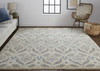 8' X 10' Ivory Gray And Blue Wool Floral Hand Knotted Stain Resistant Area Rug