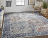 7' X 10' Blue Ivory And Red Floral Power Loom Distressed Stain Resistant Area Rug