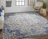7' X 10' Ivory Gray And Blue Floral Power Loom Distressed Stain Resistant Area Rug
