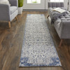8' Ivory Gray And Blue Floral Power Loom Distressed Stain Resistant Runner Rug