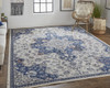 7' X 10' Gray Ivory And Blue Floral Power Loom Distressed Stain Resistant Area Rug