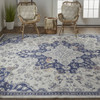 7' X 10' Gray Ivory And Blue Floral Power Loom Distressed Stain Resistant Area Rug