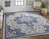 9' X 12' Gray Ivory And Blue Floral Power Loom Distressed Stain Resistant Area Rug